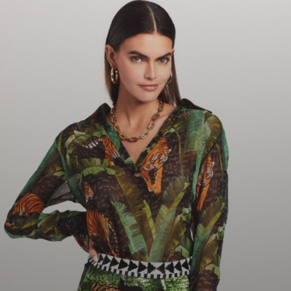 Retrofete Tiger Print Silk Chiffon Blouse